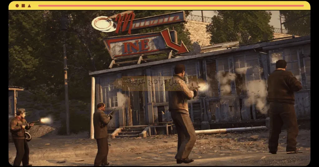 في هذه الصورة، يقاتل المقاتلون الأعداء في لعبة مافيا 2.