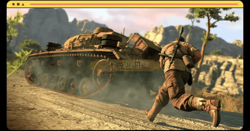 تُظهر هذه الصورة الجنود وهم يقاتلون دبابة في لعبة Sniper Elite 3