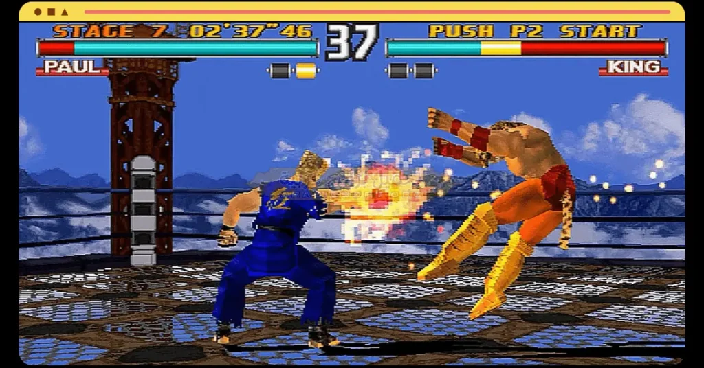 في هذه الصورة التي تُظهر اللاعبين الاثنين يتقاتلان، اسم اللاعب هو King ضد Paul باستخدام سلاح في لعبة Tekken 3.